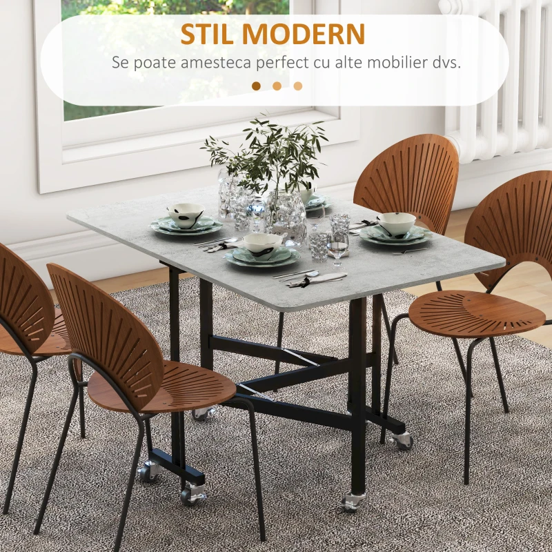 HOMCOM Masă Pliabilă pentru 4-6 Persoane, Masă de Bucătărie Modernă cu Spațiu Economic și 6 Roți, 120x80x73 cm, Gri(m-4)