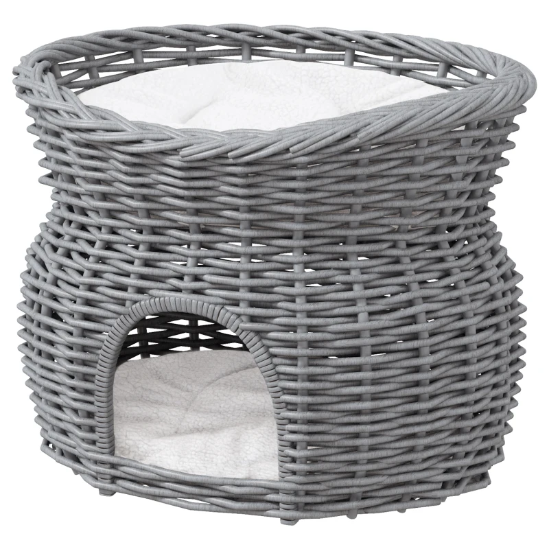PawHut 2-Tier Wicker Cat House Elevated Pet Bed Basket Willow Kitten Tower Pet Den. with Washable Cushions 56x37x40cm Grey