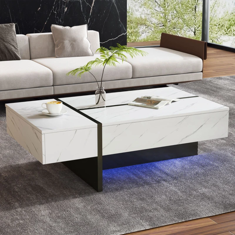 Moderner Couchtisch 105cm mit 3 Schubladen LED Beleuchtung Marmormuster Hochglanz Wohnzimmer Weiß
