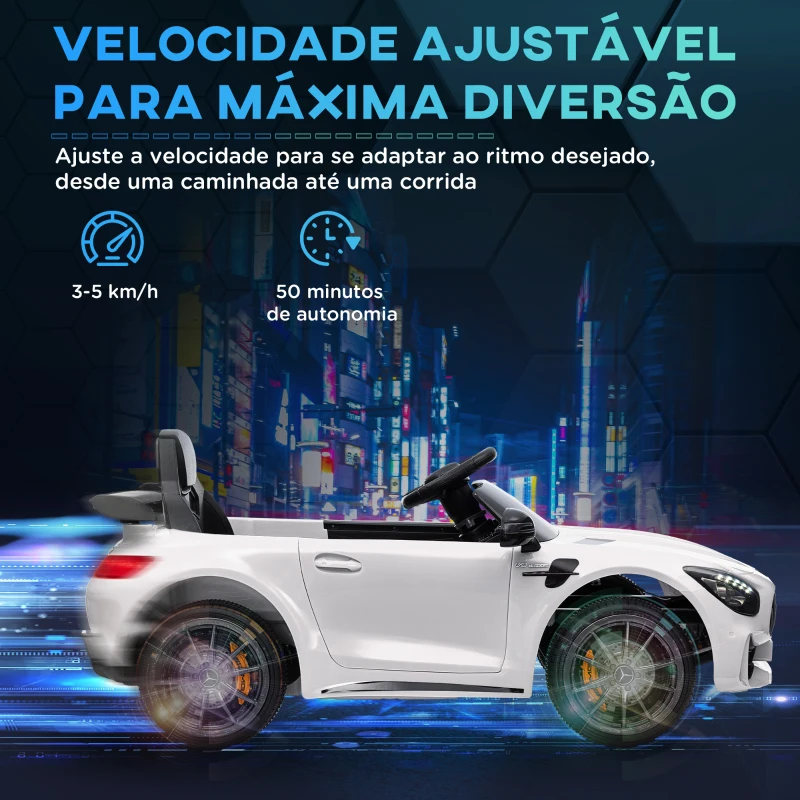AIYAPLAY Carro Elétrico para Crianças Carro Mercedes-Benz AMG GTR com Bateria 12V Faróis  Buzina e Música 108x67x46 cm Branco