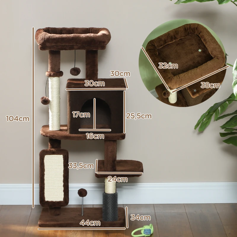 PawHut Arranhador para Gatos Grande Altura 104 cm com Plataformas Postes com Escova Bolas Suspensas e Almofadas para Arranhar Marrom