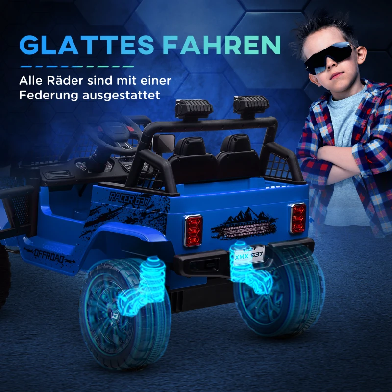 AIYAPLAY Elektrische Kinderauto met Zachte Veren, Afstandsbedienbaar, LED-Lichten, Toeter, 12V Motoren, van Kunststof en Metaal, Blauw(m-5)