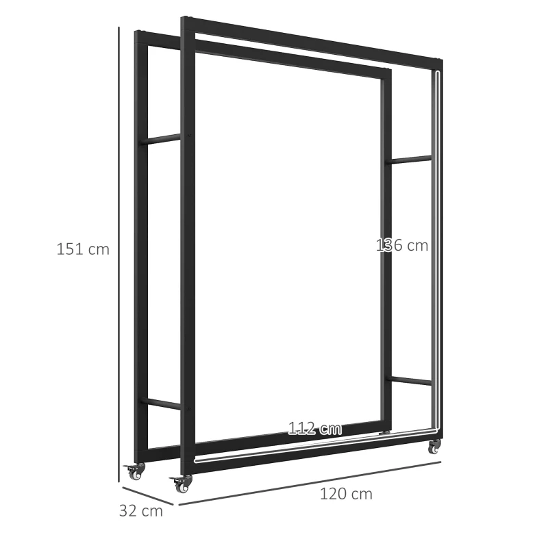 Outsunny Suport Portabil pentru Lemne cu Roți, Suport pentru Lemne din Metal Ranforsat, 120x32x151 cm, Negru