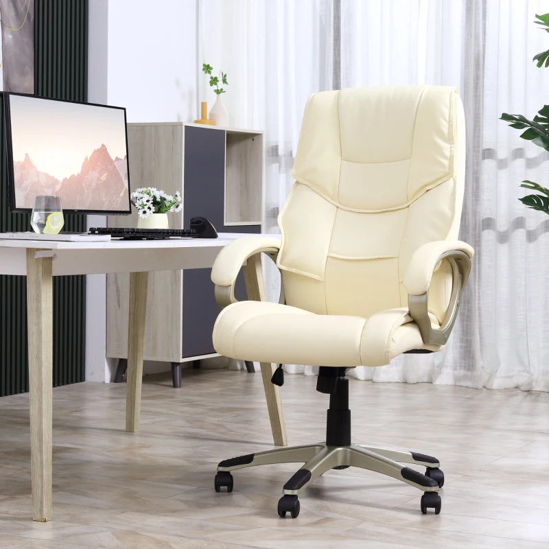 HOMCOM Home Office Chair High Back Computer Desk Chair with Faux Leather Adjustable Height Rocking Function Cream White