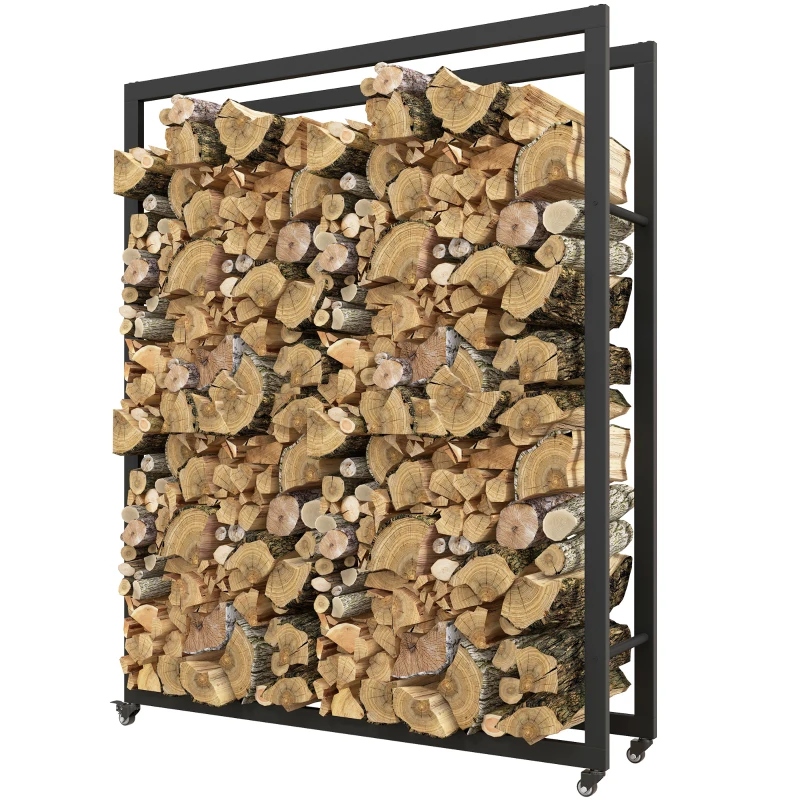 Outsunny Suport Portabil pentru Lemne cu Roți, Suport pentru Lemne din Metal Ranforsat, 120x32x151 cm, Negru