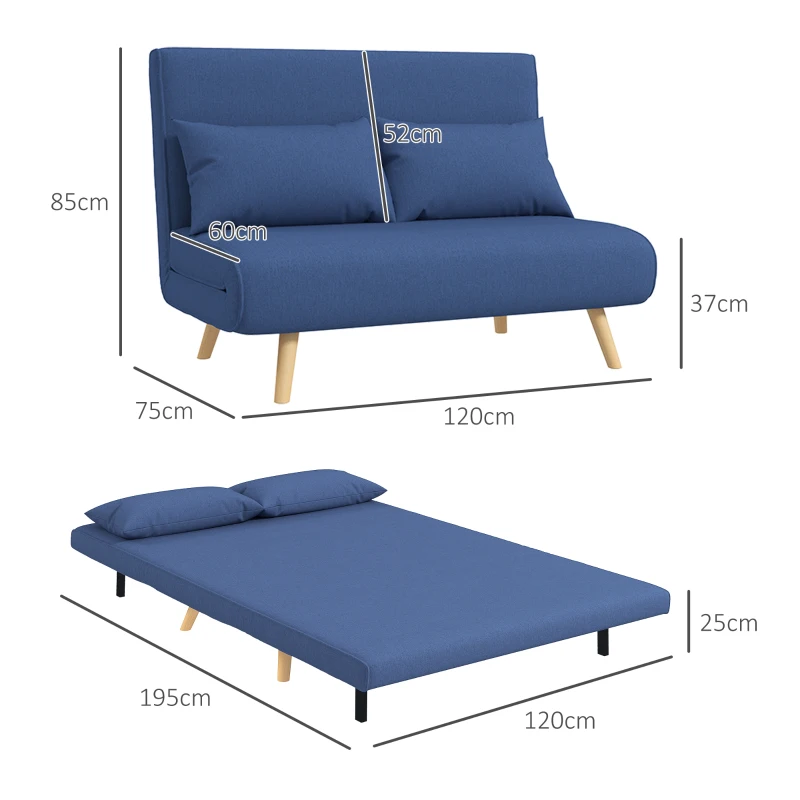 HOMCOM Sofá Cama de 2 Lugares Dobrável Estofado em Linho com Encosto Ajustável em 5 Posições e 2 Almofadas 120x75x85 cm Azul Escuro