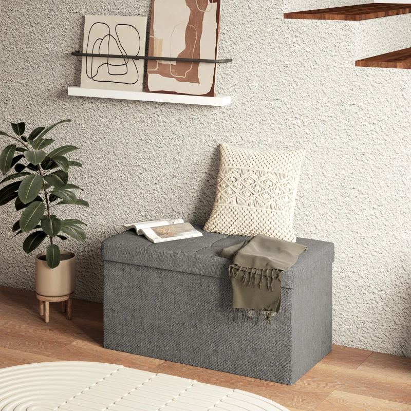 HOMCOM Baú de Armazenamento para Dormitório 84L Puff de Armazenamento Dobrável Estofado em Linho Sintético 76x38x38 cm Cinza Escuro
