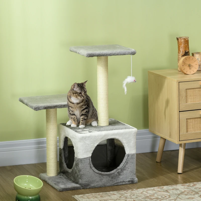 PawHut Cat Tree w/ Sisal Scratching Posts, House, Perches, Toy Mouse, Grey