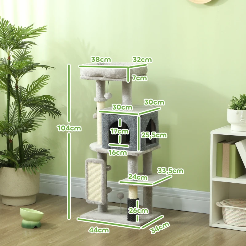 PawHut Arranhador para Gatos Grande Altura 104 cm com Plataformas Postes com Escova Bolas Suspensas e Almofadas para Arranhar Cinza