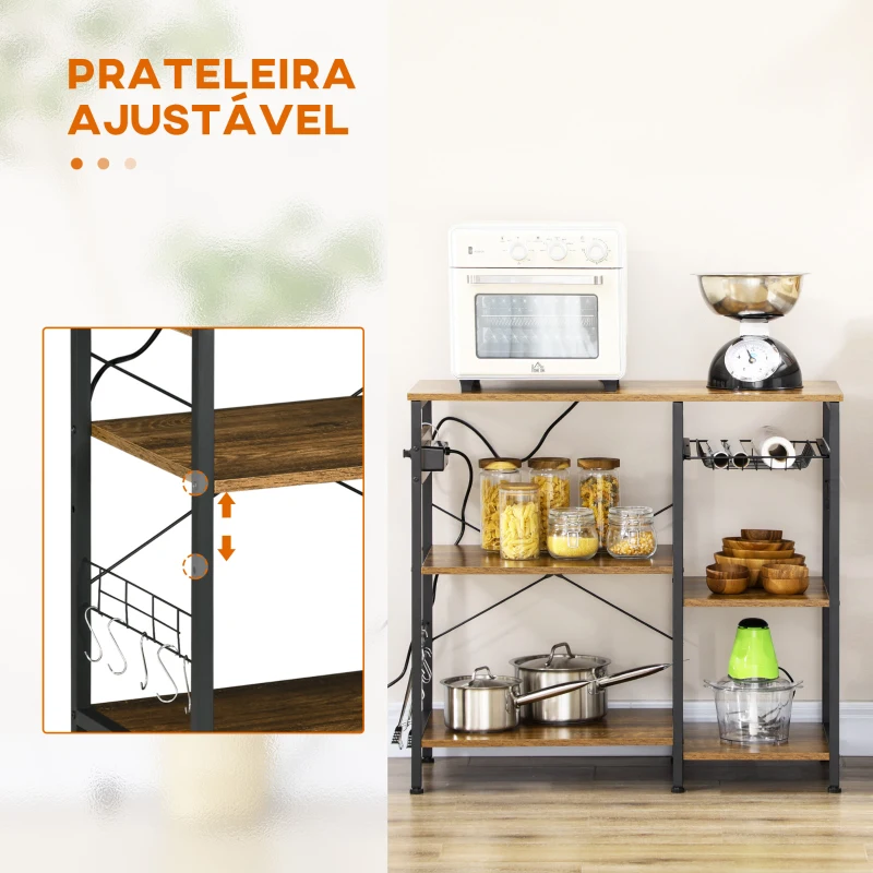 HOMCOM Estante de Cozinha Estilo Industrial com Tomada Elétrica Prateleiras Ajustáveis Ganchos e Cesta Metálica 90x40x83 cm Marrom Rústico