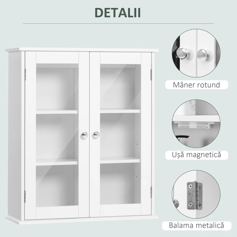 Kleankin Dulap de Baie Suspendat cu 2 Uși din Lemn și Sticlă, Dulap de Perete Multifuncțional, 55x20x65 cm, Alb
