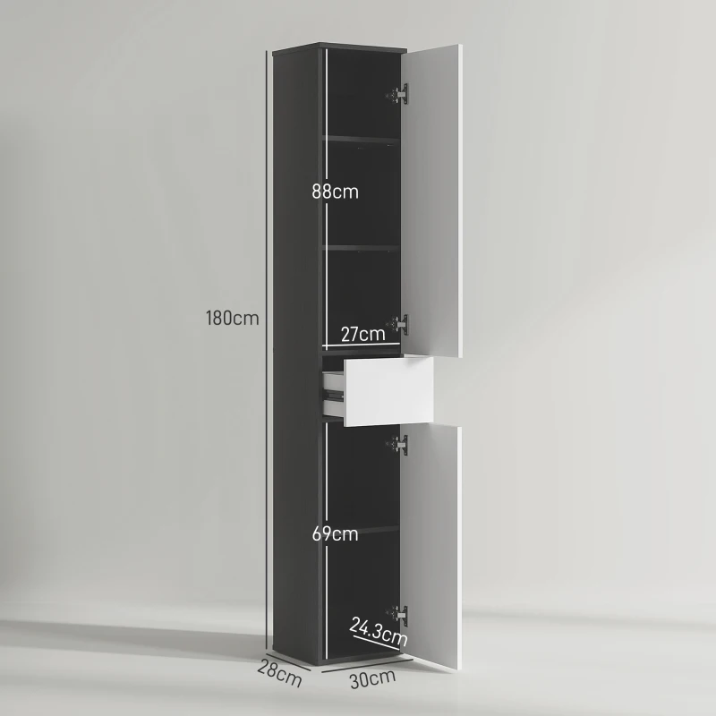 Kleankin Coloană de Baie Înaltă, Mobilier cu 2 Dulapuri, Sertar și Rafturi Reglabile din Lemn, 30x28x180 cm, Negru(m-3)