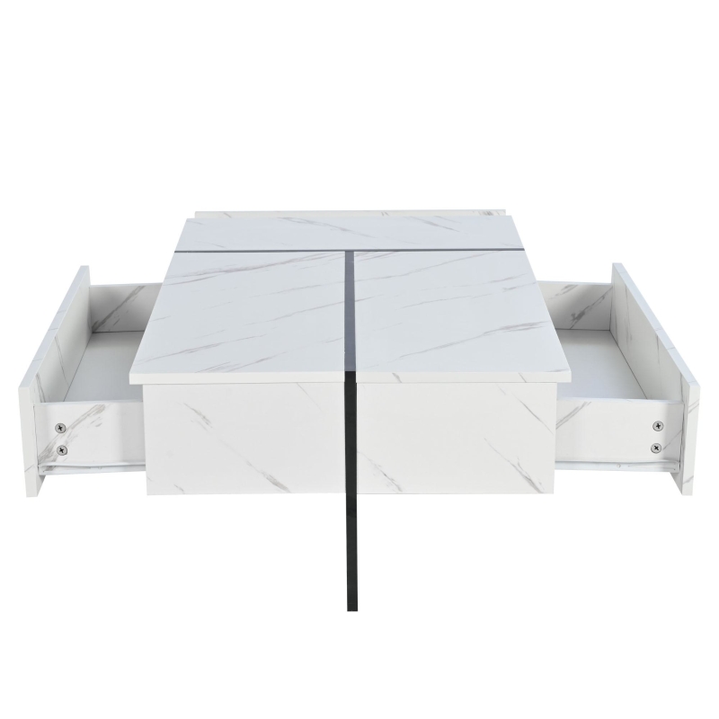 Tavolino da Salotto Moderno con 3 Cassetti e Illuminazione LED, Elegante Motivo Marmo, Gambe Irregolare, 105x60x35 cm, Bianco