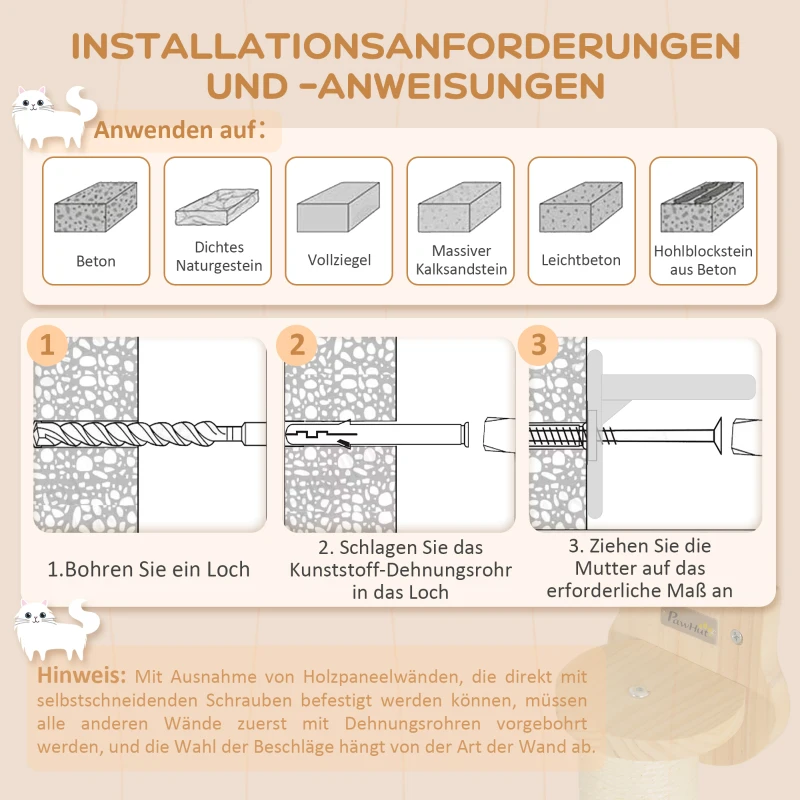 PawHut 3-delige Kattenklimset, wandgemonteerde Kattenboom met Krabpaal, Traptrede, Ladder, Natuurhout