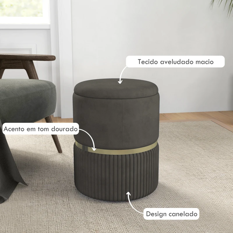 HOMCOM Banco de Armazenamento para Dormitório Puff de Arrumação Estofado em Veludo com Pés Antiderrapantes Ø36x44 cm Cinza