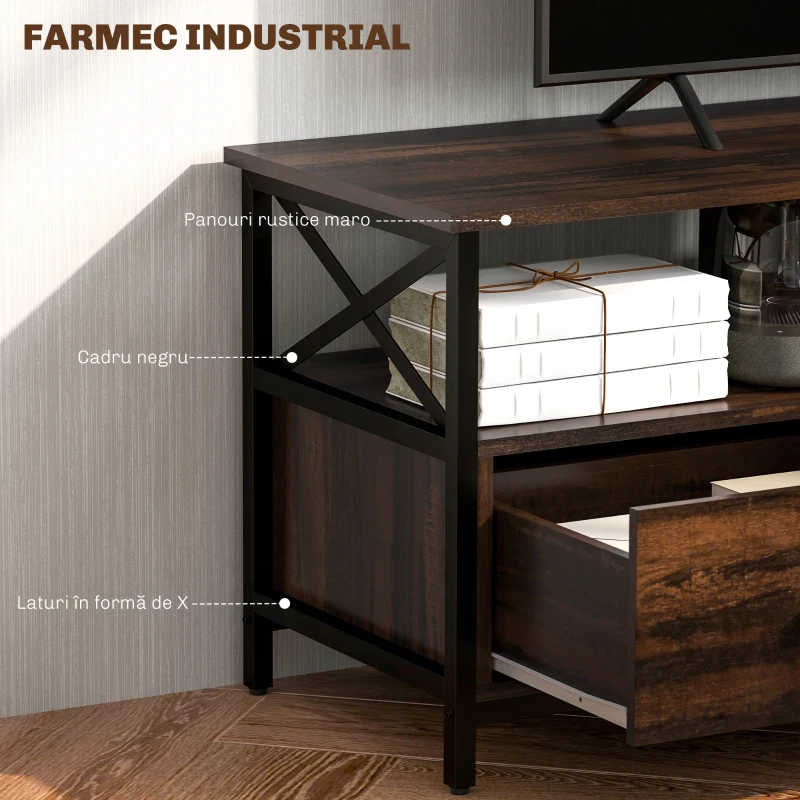 HOMCOM Dulap TV 65" în Stil Industrial cu 3 Sertare și 3 Rafturi Deschise, Dulap TV din Lemn, 147x40x50 cm, Negru