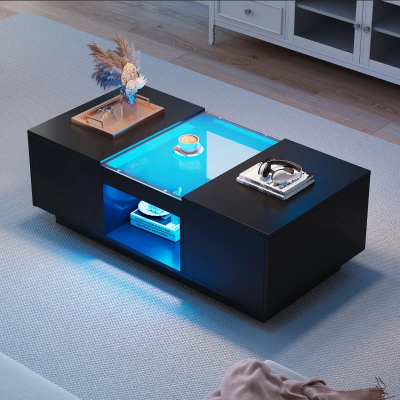 Table basse noire avec revêtement en verre, éclairage LED, contrôle par application,Noir