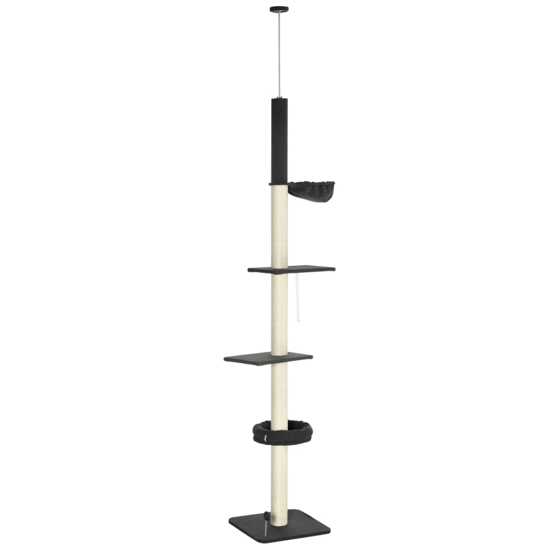 PawHut 240-270cm Floor-To-Ceiling Cat Tree, 5 Tier Cat Climbing Tower, with Bed, Hammock, Platforms, Black and Cream