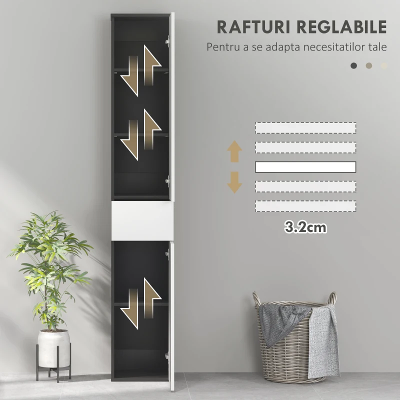 Kleankin Coloană de Baie Înaltă, Mobilier cu 2 Dulapuri, Sertar și Rafturi Reglabile din Lemn, 30x28x180 cm, Negru(m-5)