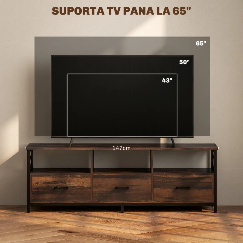 HOMCOM Dulap TV 65" în Stil Industrial cu 3 Sertare și 3 Rafturi Deschise, Dulap TV din Lemn, 147x40x50 cm, Negru