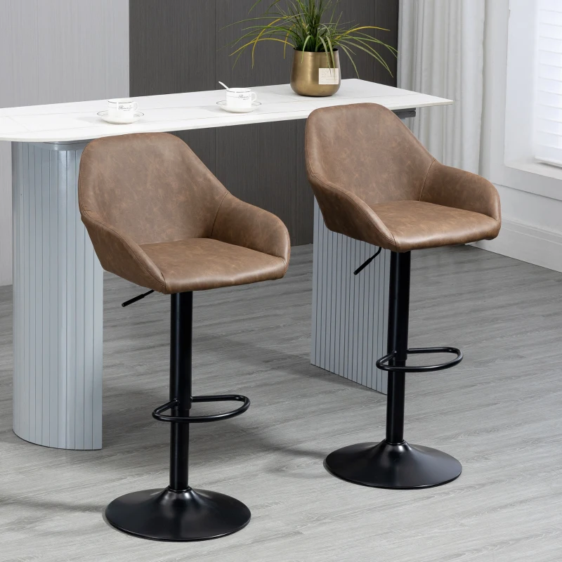 HOMCOM Adjustable Bar Stools Set of 2, Swivel Barstools with Footrest and Backrest, PU Leather and Steel Base, for Kitchen Counter and Dining Room, Dark Brown