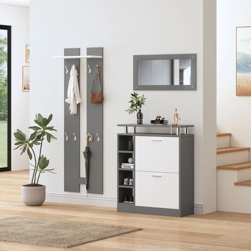 Ensemble de porte-manteaux mural avec miroir, panneaux muraux, étagère murale et meuble à chaussures,Gris+Blanc