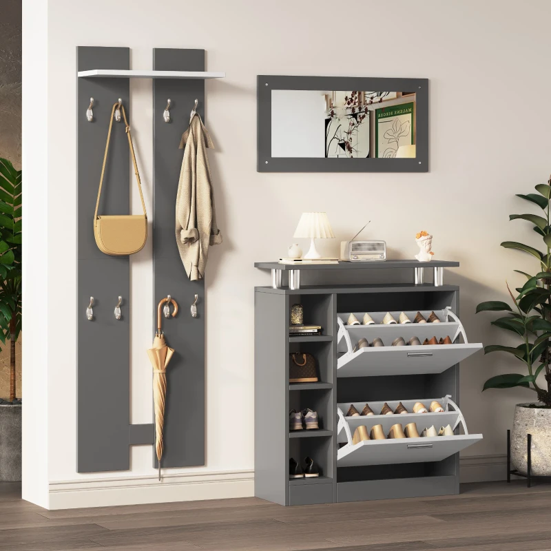 Garderoben Set mit Spiegel, 2 Wandpaneelen, Regalwand und Schuhschrank für kleine Räume, Weiß+Grau
