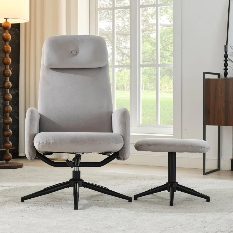 Relaxsessel mit Hocker, Büro Sessel mit verstellbarem Neigungswinkel und Fußhocker, Samt, Grau
