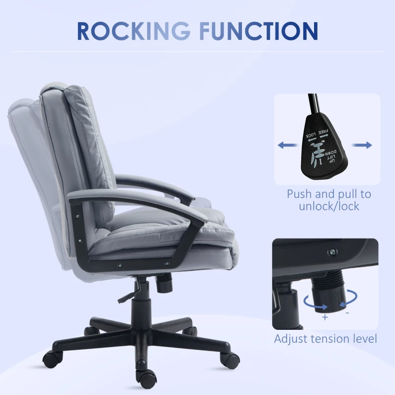 HOMCOM Office Chair, Faux Leather Computer Desk Chair, Mid Back Executive Chair with Adjustable Height and Swivel Rolling Wheels for Home Study, Light Grey(m-5)