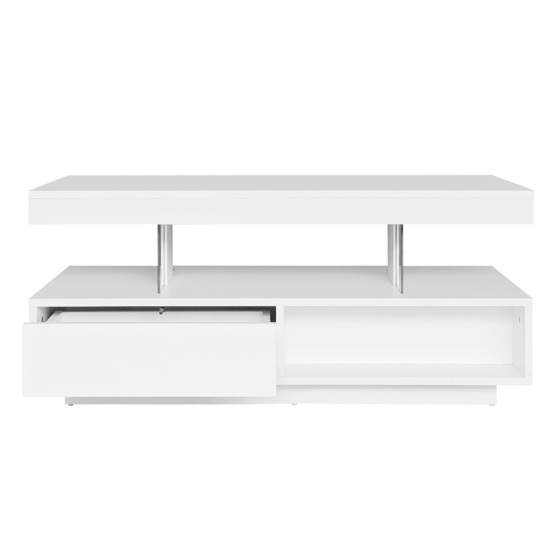 Table basse blanc brillant avec 4 inserts en verre, 2 tiroirs et 2 compartiments ouverts,Blanc