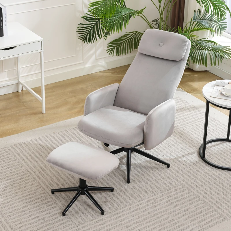 Relaxsessel mit Hocker, Büro Sessel mit verstellbarem Neigungswinkel und Fußhocker, Samt, Grau