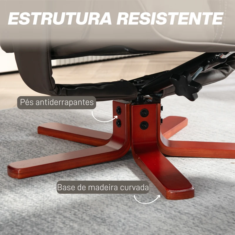 HOMCOM Poltrona Reclinável com Apoio para os Pés Poltrona de Sala de Estar Estofada em PU e Estrutura de Madeira 83x78x105 cm Marrom