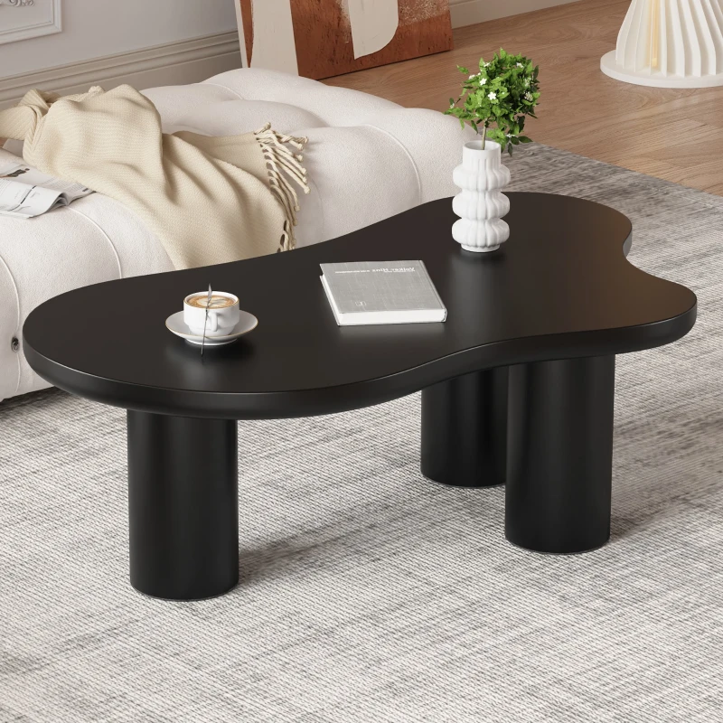 Tavolino da caffè irregolare a forma di nuvola,piano in MDF e gambe in PVC, con base in feltro, Nero