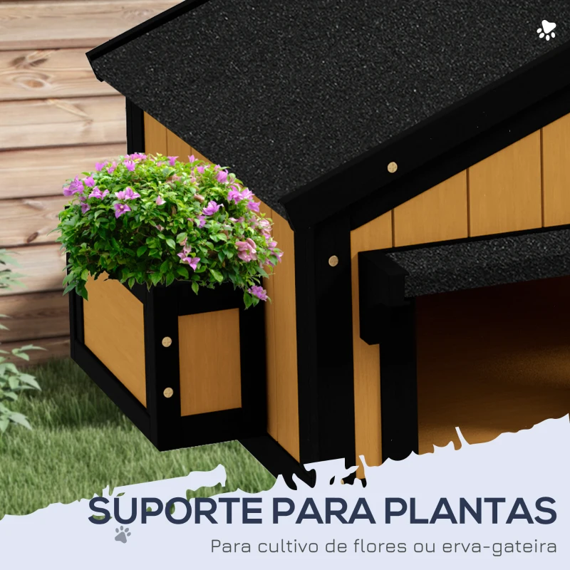 PawHut Casa para Gatos de Madeira com Suporte para Flores de 2 Níveis e Teto Asfáltico 96x65x85,5 cm Madeira e Preto