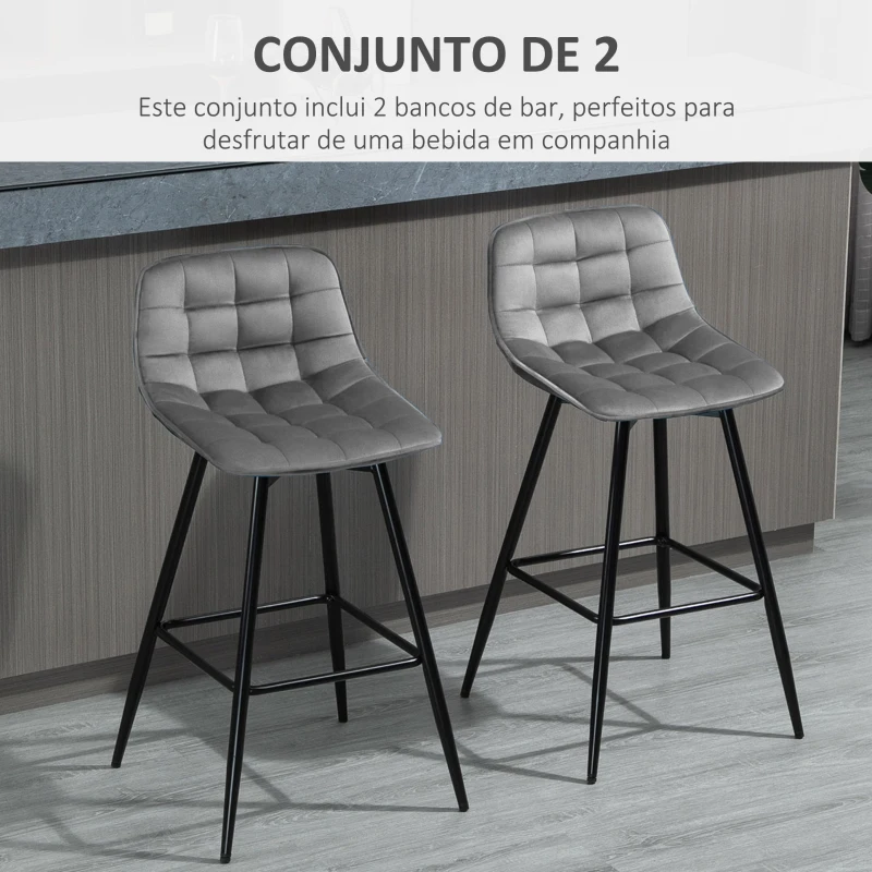 HOMCOM Conjunto de 2 Bancos de Bar com Encosto e Apoio para os Pés Bancos Altos Acolchoados de Estilo Nórdico 45x47x88 cm Cinza