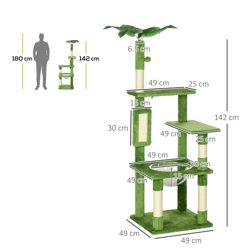 PawHut 142cm Cat Tree Tower, with Scratching Post, Hammock, Toy Ball, Platforms - Green
