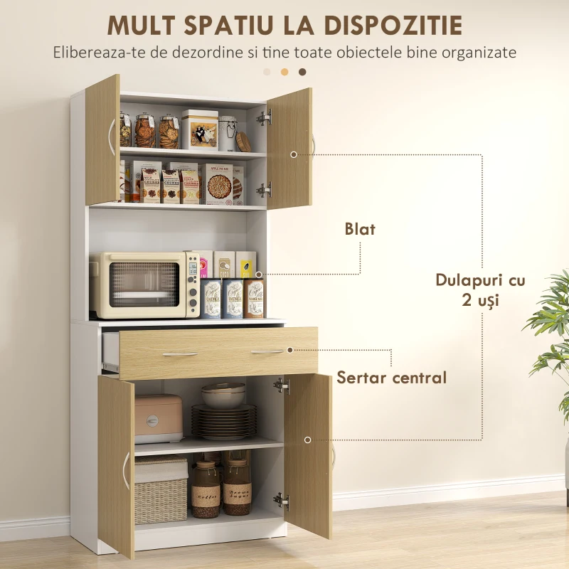 HOMCOM Dulap Înalt de Bucătărie cu 2 Uși, Sertar, Bufet Înalt din Lemn cu Rafturi Reglabile, 80x40x180 cm, Lemn Natural