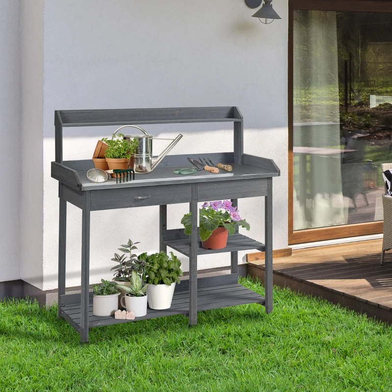 Outsunny Garden Potting Table, Wooden Workstation Bench w/ Galvanized Metal Tabletop, Drawer, Storage Shelves and Hooks for Patios, Courtyards, Balcony