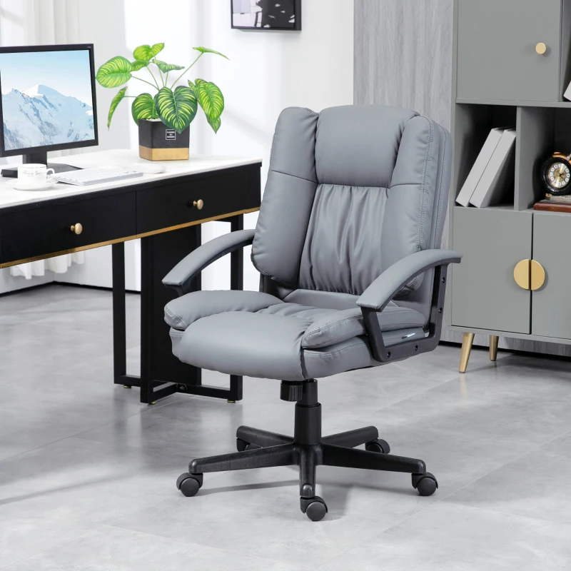 HOMCOM Office Chair, Faux Leather Computer Desk Chair, Mid Back Executive Chair with Adjustable Height and Swivel Rolling Wheels for Home Study, Light Grey(m-10)