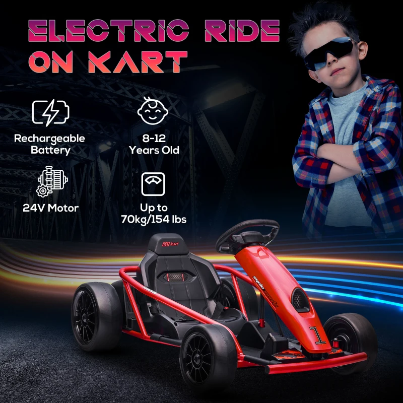 HOMCOM 24V Electric Go Kart for Kids, Drift Ride-On Racing Go Kart with 2 Speeds, for Boys Girls Aged 8-12 Years Old, Red