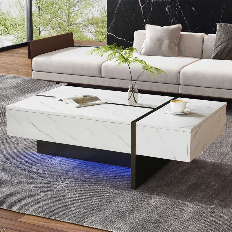 Tavolino da Salotto Moderno con 3 Cassetti e Illuminazione LED, Elegante Motivo Marmo, Gambe Irregolare, 105x60x35 cm, Bianco
