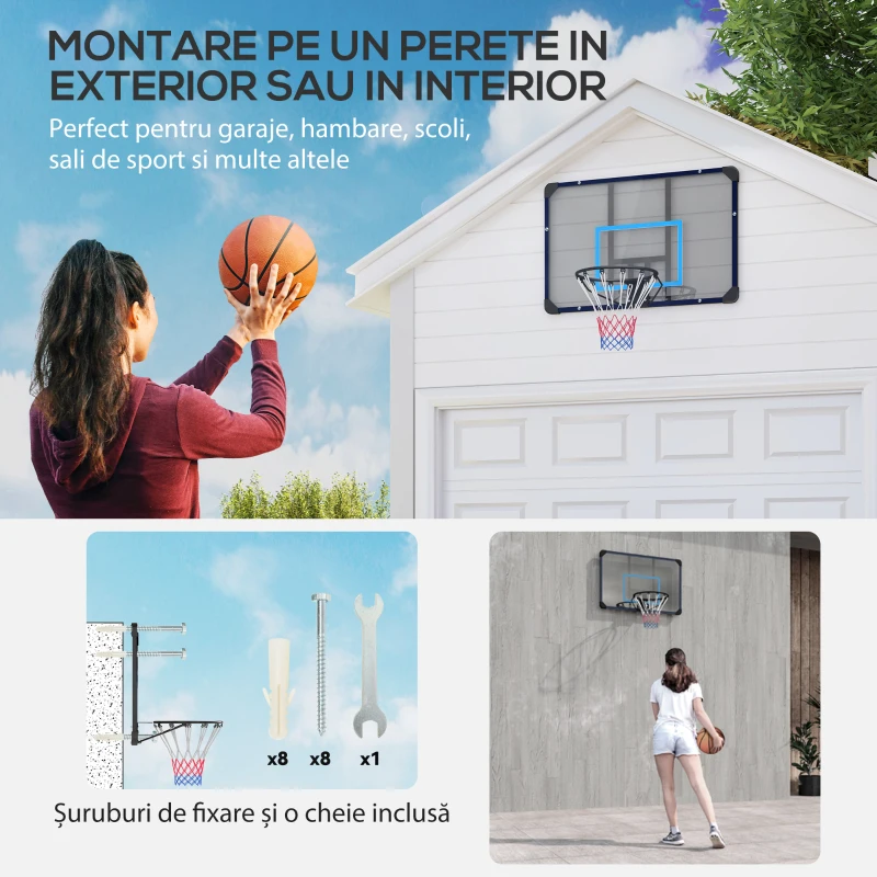 SPORTNOW Coș de Baschet de Perete, Mini Coș de Baschet cu Panou Indestructibil și Cerc din Oțel, 113x61x73 cm, Negru