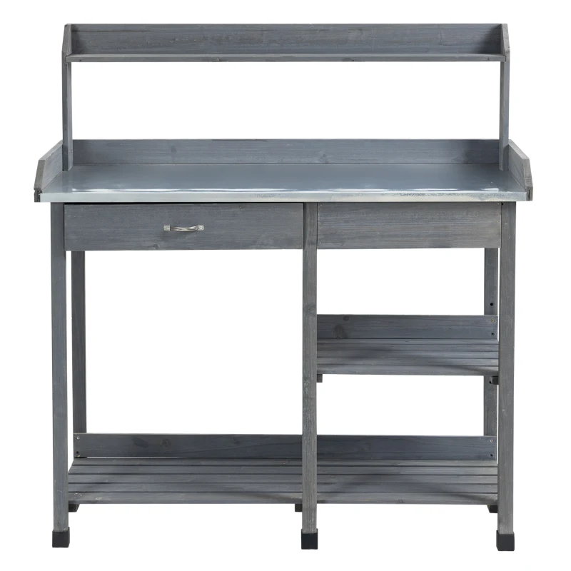 Outsunny Garden Potting Table, Wooden Workstation Bench w/ Galvanized Metal Tabletop, Drawer, Storage Shelves and Hooks for Patios, Courtyards, Balcony