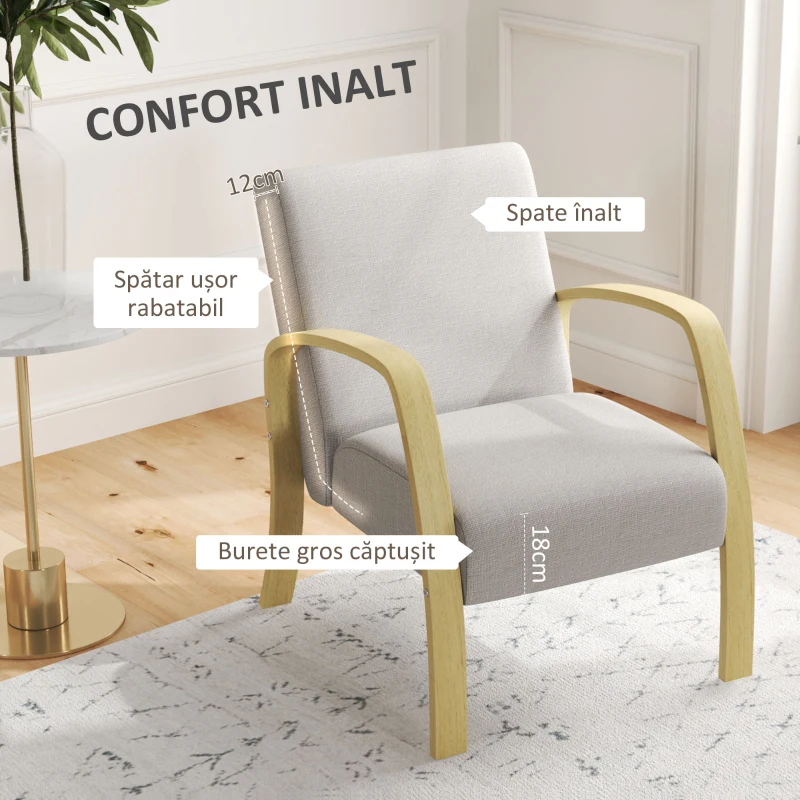 HOMCOM Fotoliu Modern Stil Scandinav, Fotoliu pentru Living și Sufragerie cu Brațe și Picioare din Lemn, 62x79x79 cm, Gri