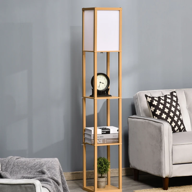 HOMCOM 3-Tier Floor Lamp, Floor Light with Storage Shelf, Reading Standing Lamp for Living Room, Bedroom, Kitchen, Dining Room, Office, Dorm, 160cm, Natural