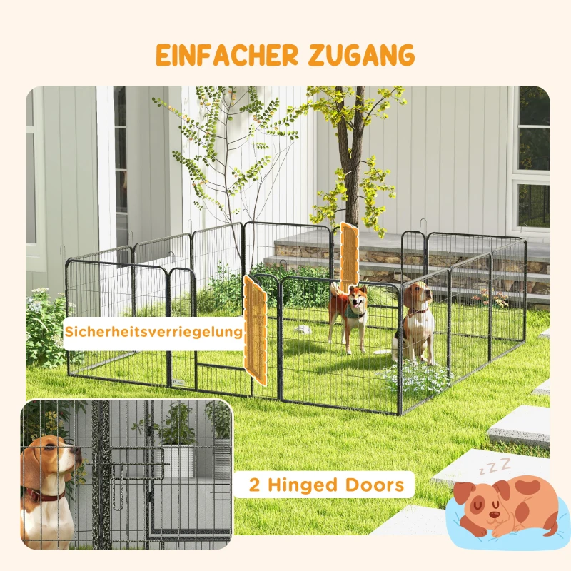 PawHut Puppyren, Huisdierenverblijf, 12 Panelen elk 80x80 cm, 2 Deuren, Stalen Frame, Grijs(m-5)