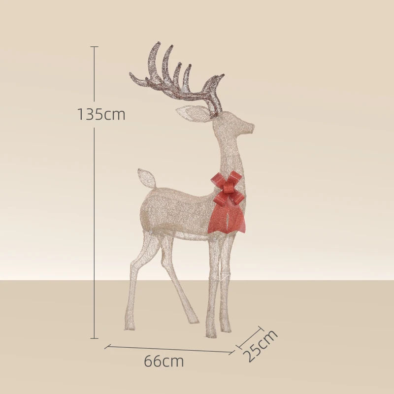 Outsunny Rendier met rode strik, 137 LEDs, Kerstverlichting, weerbestendig, 66 x 25 x 135 cm, Goud