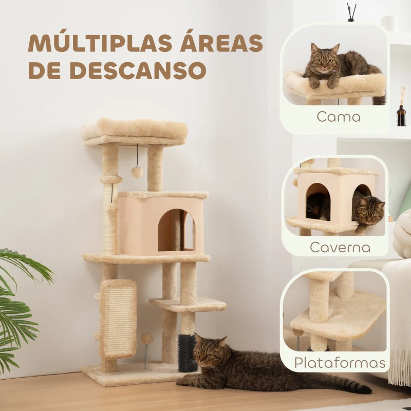 PawHut Arranhador para Gatos Grande Altura 104 cm com Plataformas Postes com Escova Bolas Suspensas e Almofadas para Arranhar Bege