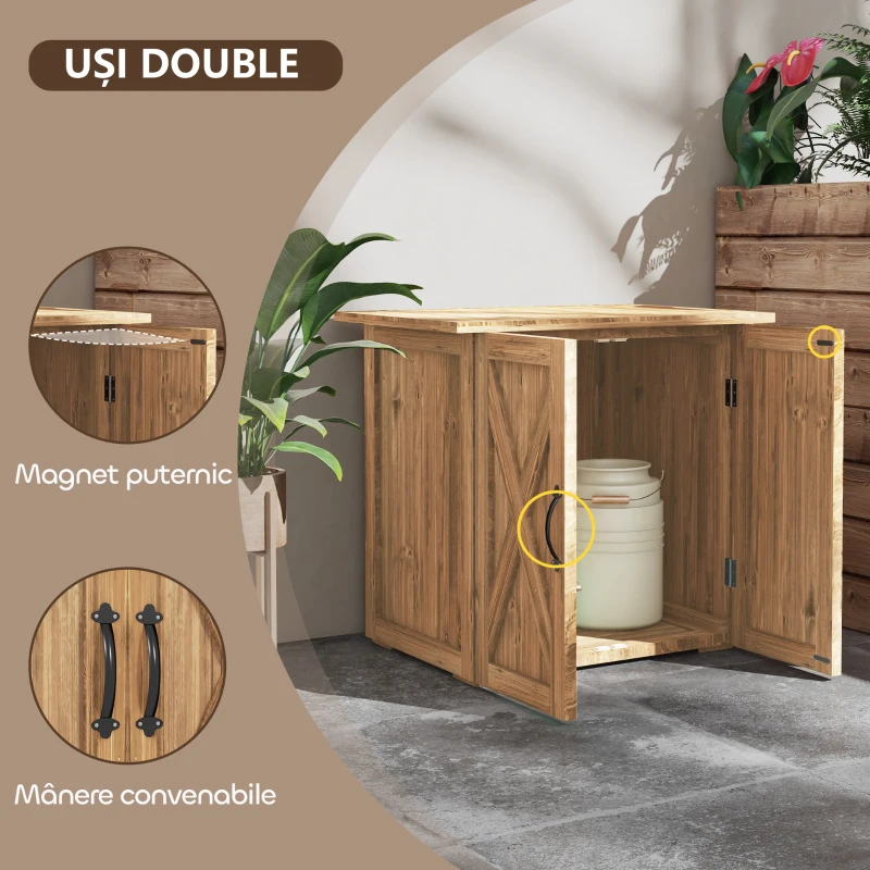 Outsunny Dulap de Exterior din Lemn cu 2 Uși, Căsuță de Grădină pentru Unelte cu Acoperiș Impermeabil, 77x55x72 cm, Maro