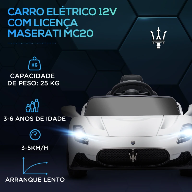 AIYAPLAY Carro Elétrico para Crianças com Licença Maserati MC20 com Bateria 12V Controlo Remoto Farois Buzina e Música 105x65,5x42 cm Branco